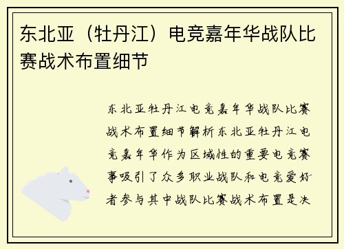 东北亚（牡丹江）电竞嘉年华战队比赛战术布置细节