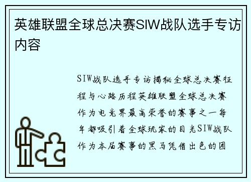 英雄联盟全球总决赛SIW战队选手专访内容